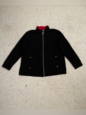 Lauren Ralph Lauren Black Bomber Jacket with Red Collar Accent